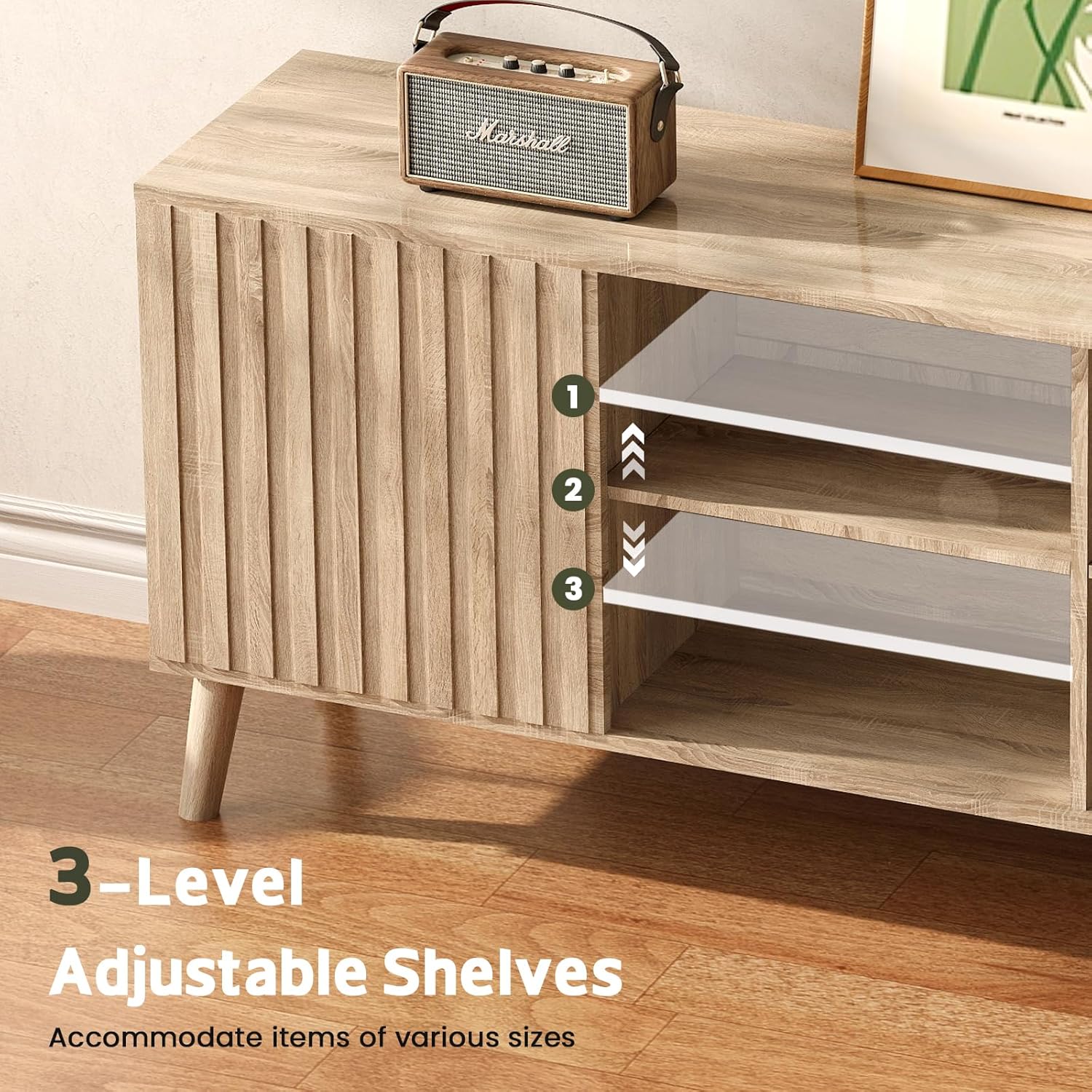 Mid-Century Modern Fluted Oak TV Stand Entertainment Center for 80-inch TVs with Adjustable Storage Shelves - Image 5