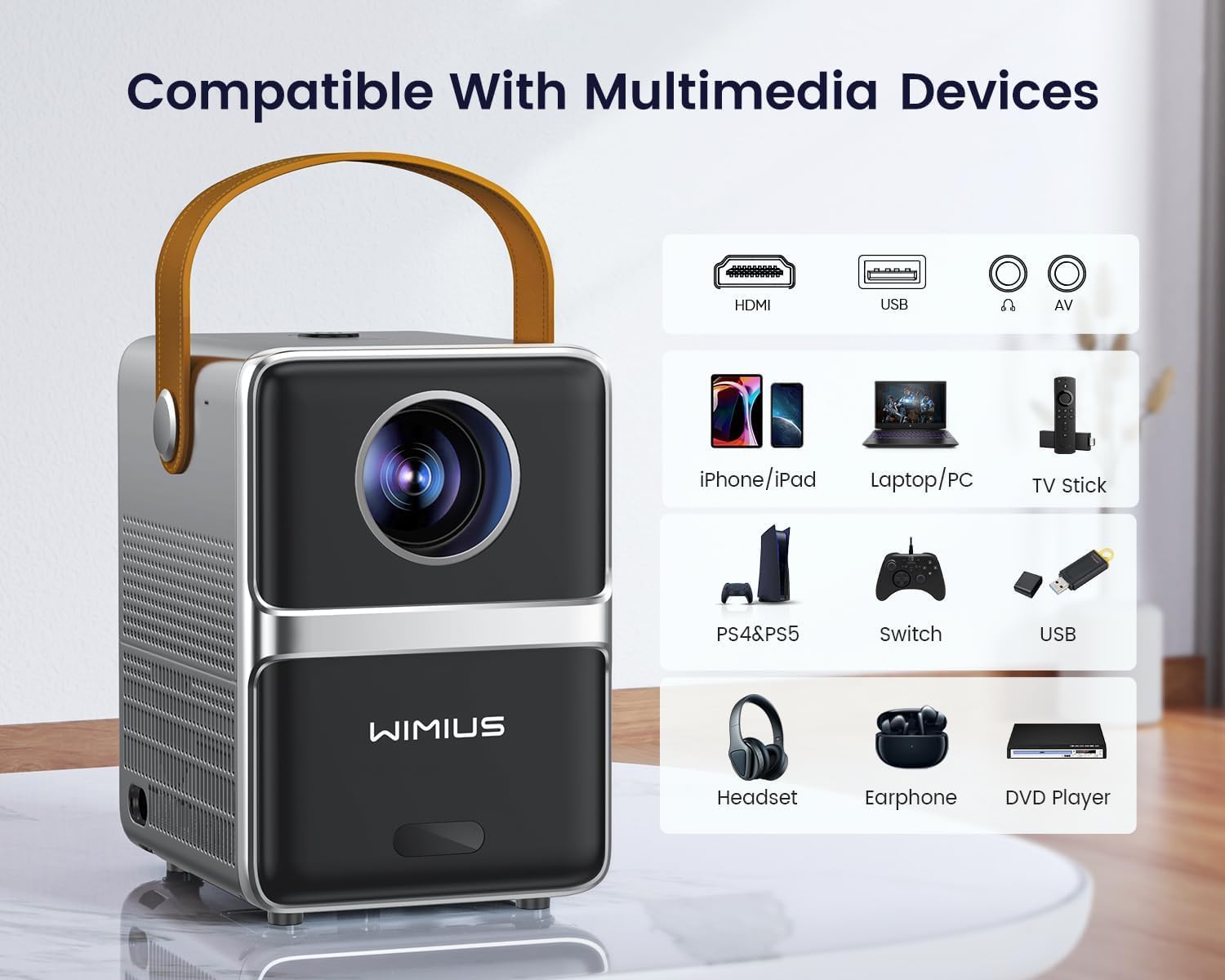 WiMiUS 1080P Portable Mini Projector with WiFi Bluetooth Electric-Focus 550 ANSI Outdoor Home Theater - Image 6