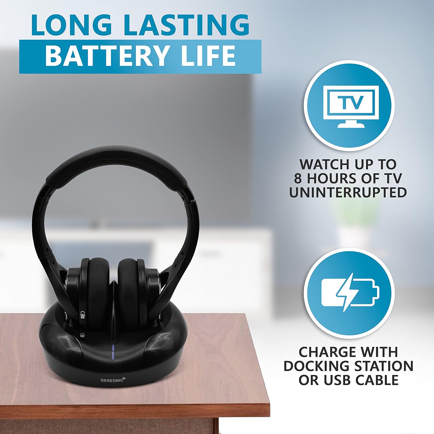 SEREONIC WH100 Wireless TV Headphones UHF RF Transmitter Charging Dock 150ft Range No Audio Delay Optical System - Image 6