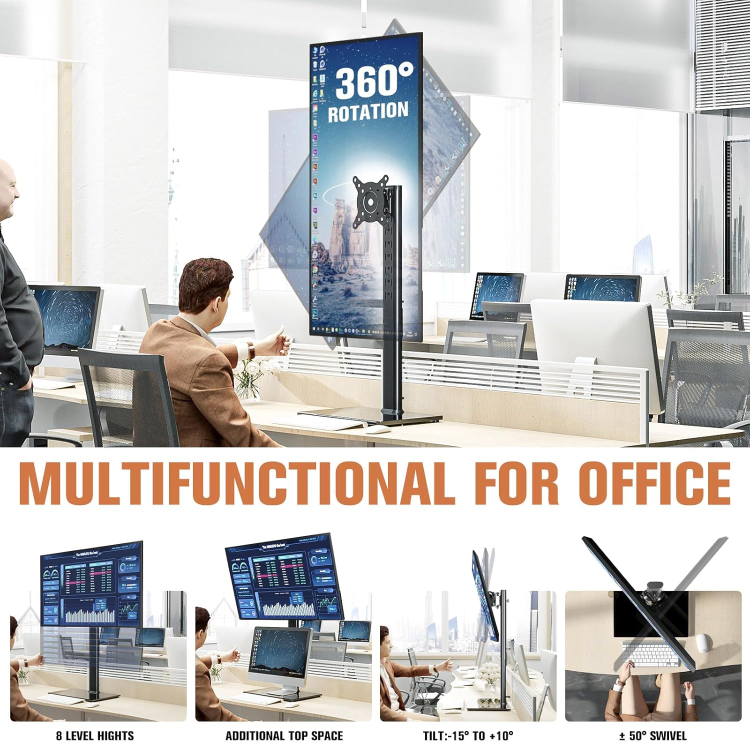 Adjustable Freestanding Monitor Stand for 27-43 Inch Curved Screens Tempered Glass Base 77lbs Capacity - Image 3