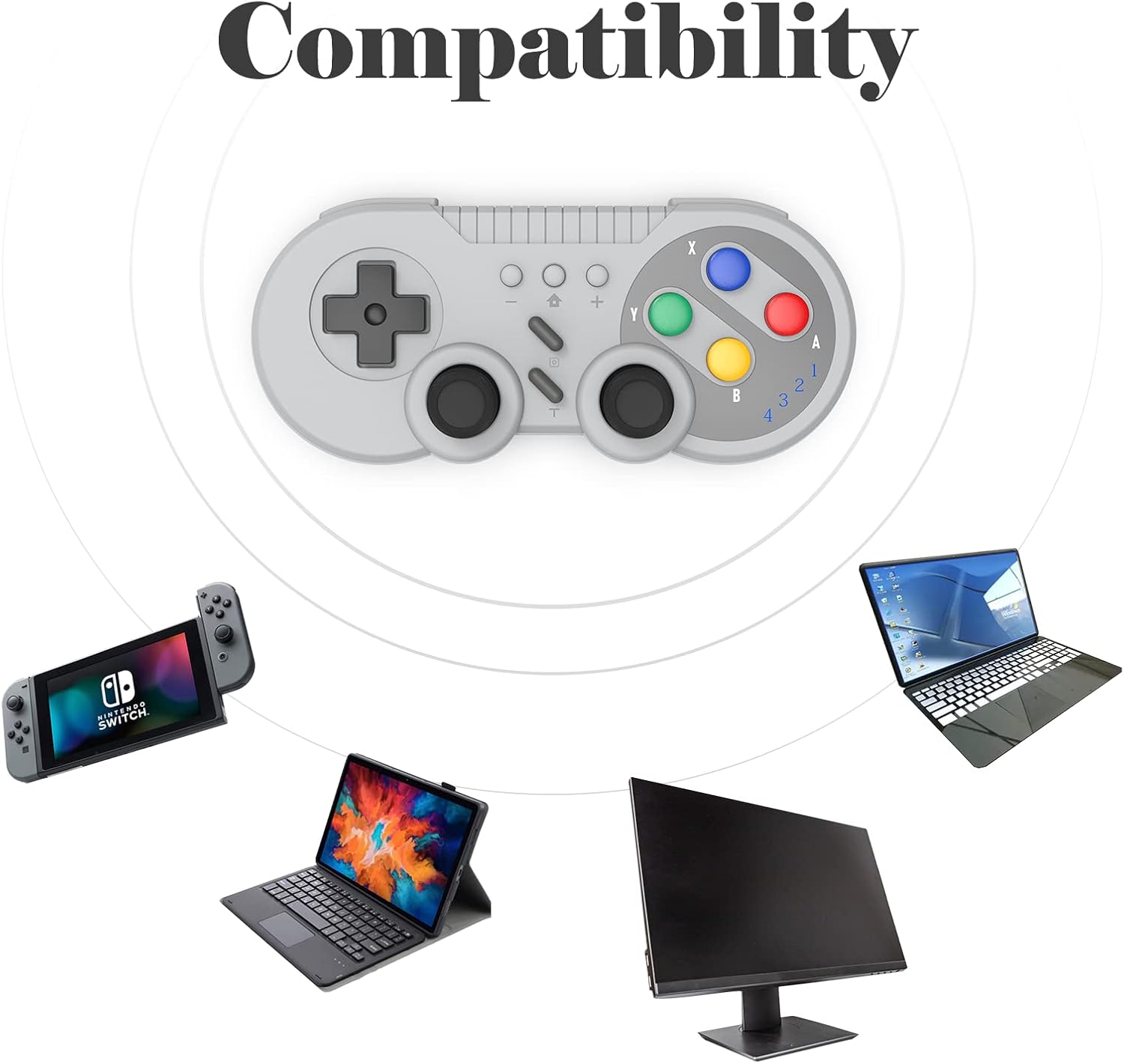 SNES Style Wireless Controller for Switch OLED PC Gray Classic Retro Gaming with Motion Vibration Turbo - Image 5