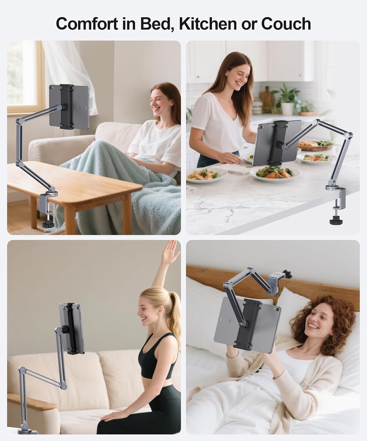 Heavy Duty Aluminum 360° Rotating Tablet Arm Mount Holder with Super Grip - Gray, Foldable Clamp for iPad, Phone, Monitor, Kindle - Image 6