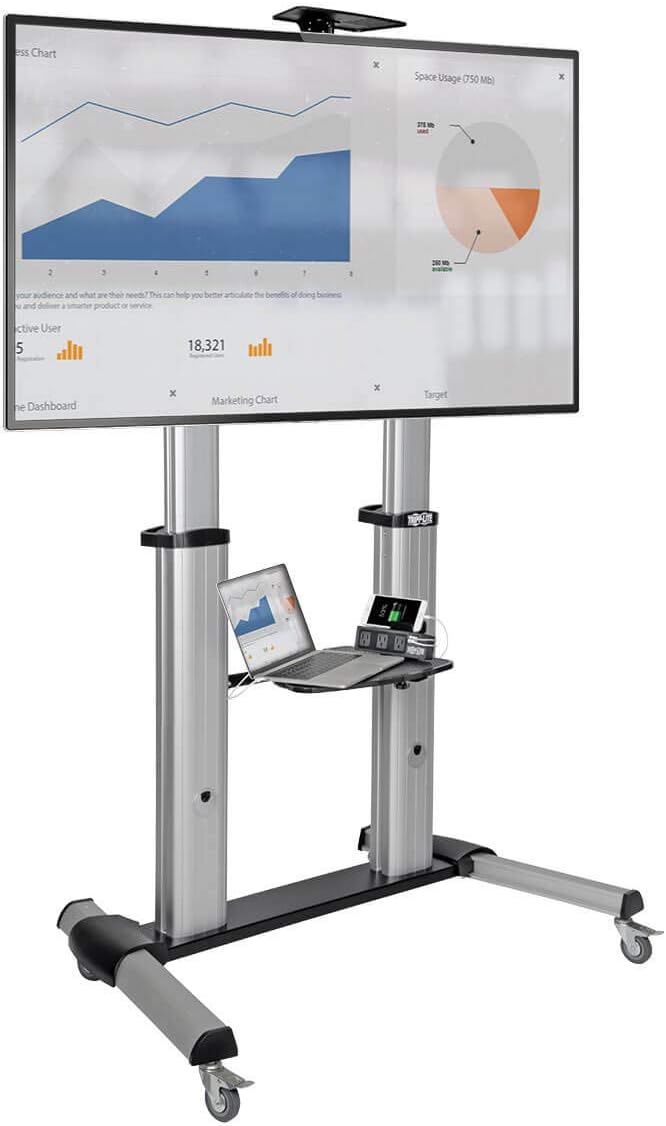 Mobile TV Stand with Mount for 60"–100" Flat Screens, Integrated Shelf, Locking Wheels, Silver - Image 3