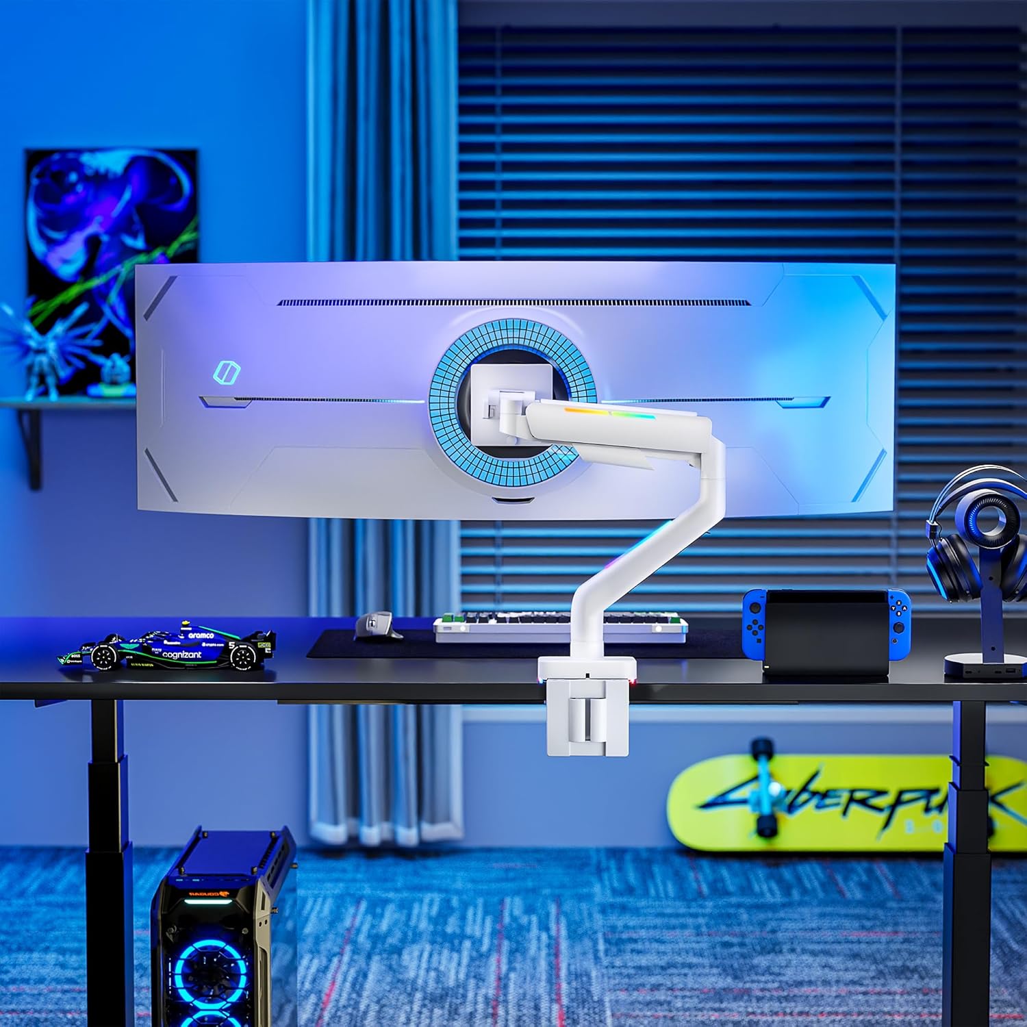 Heavy Duty White Ultrawide Monitor Arm for 17-49 inch Screens, 44lbs Capacity, Gas Spring RGB Gaming Desk Mount - Image 6