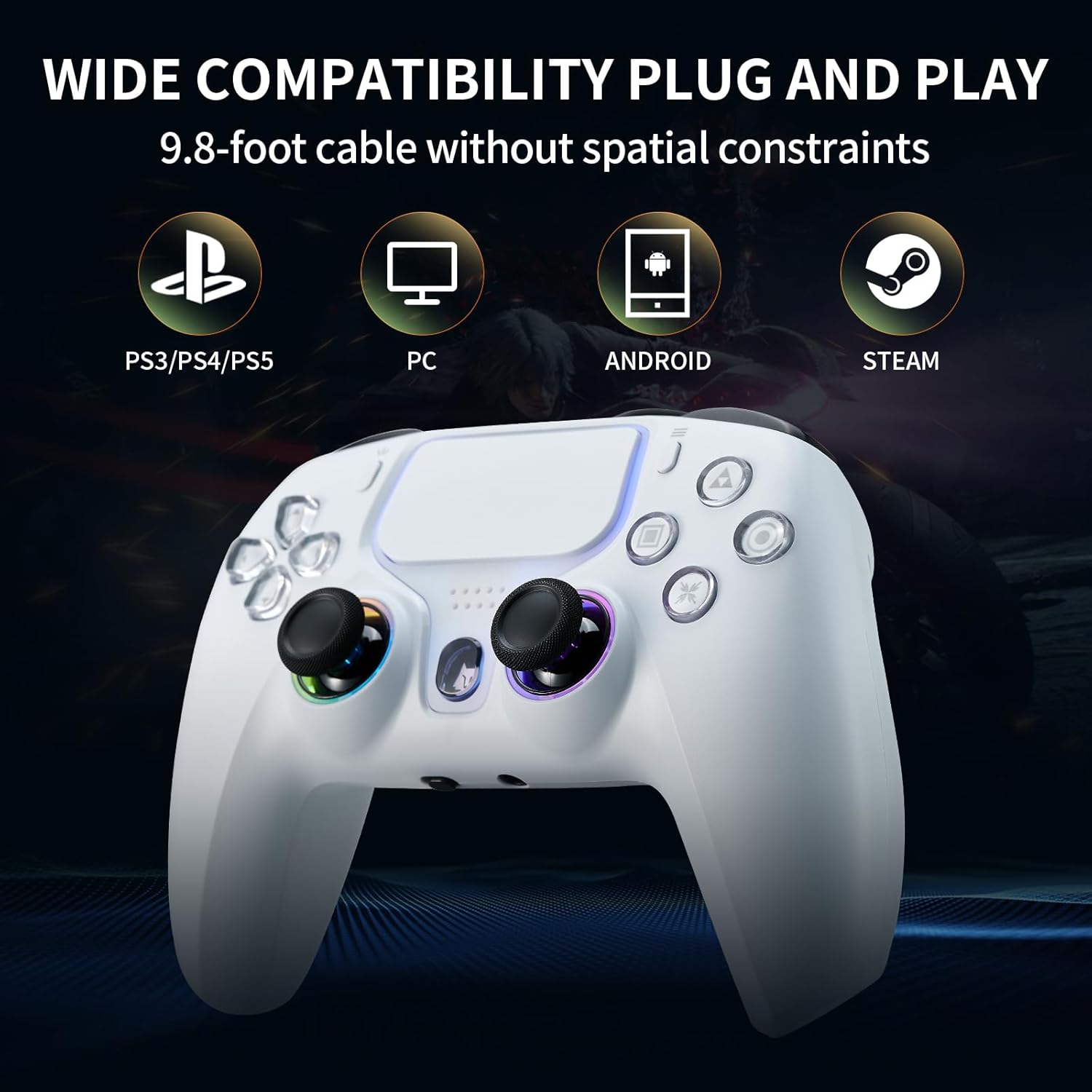 NBCP White Wired Gaming Controller for PS5, PS4, PC Steam with Hall-effect Triggers - Image 8