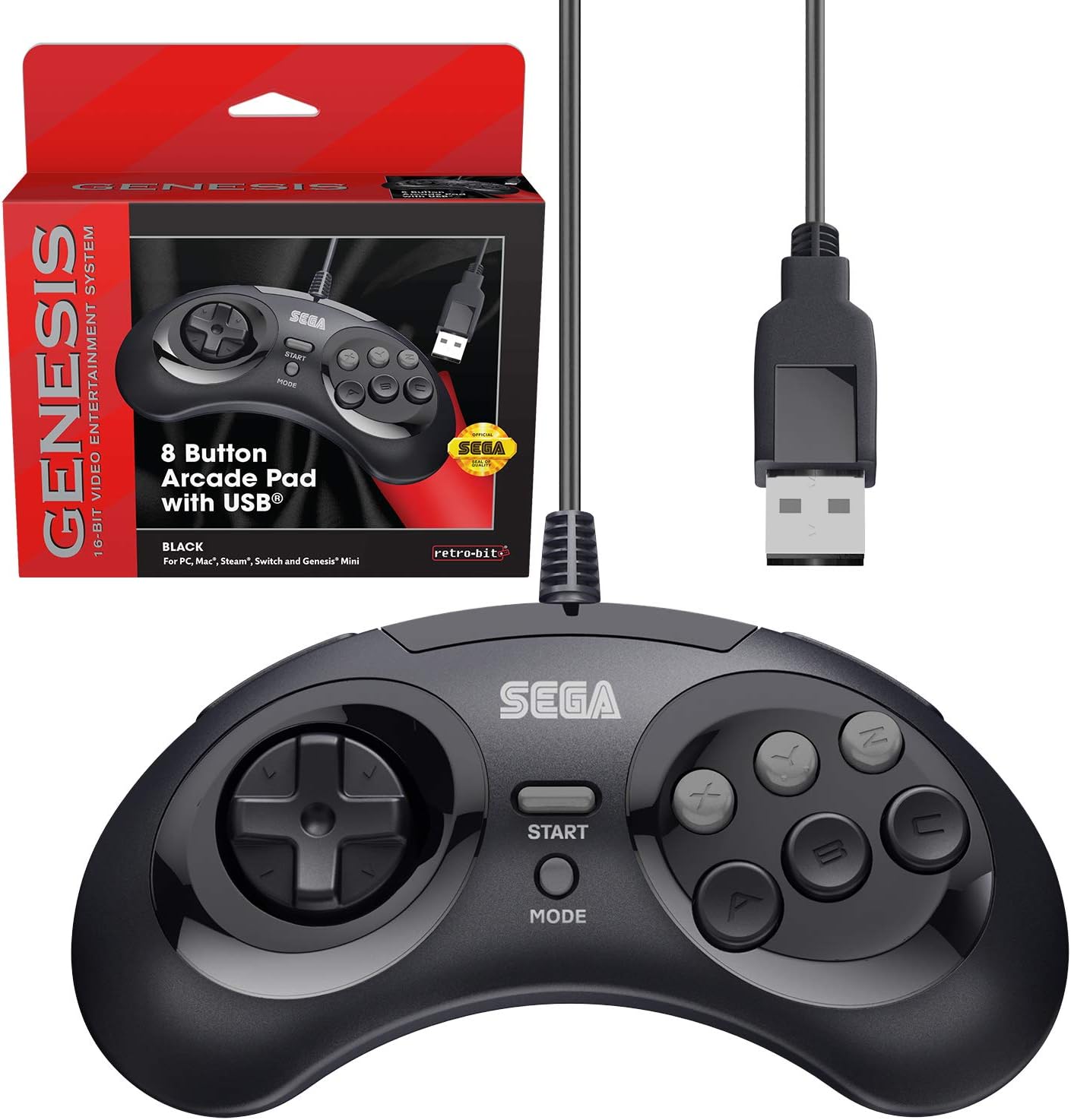 Retro-Bit Official Sega Genesis 8-Button USB Arcade Controller for Sega Genesis Mini, Switch, PC (Black)
